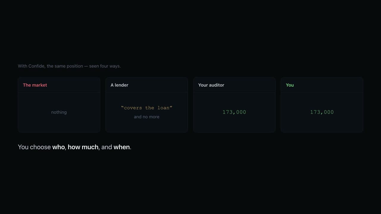 Walkthrough: the same position seen four ways - the market sees nothing, a lender sees only that it covers the loan, the auditor and the holder see the number. Click to play.
